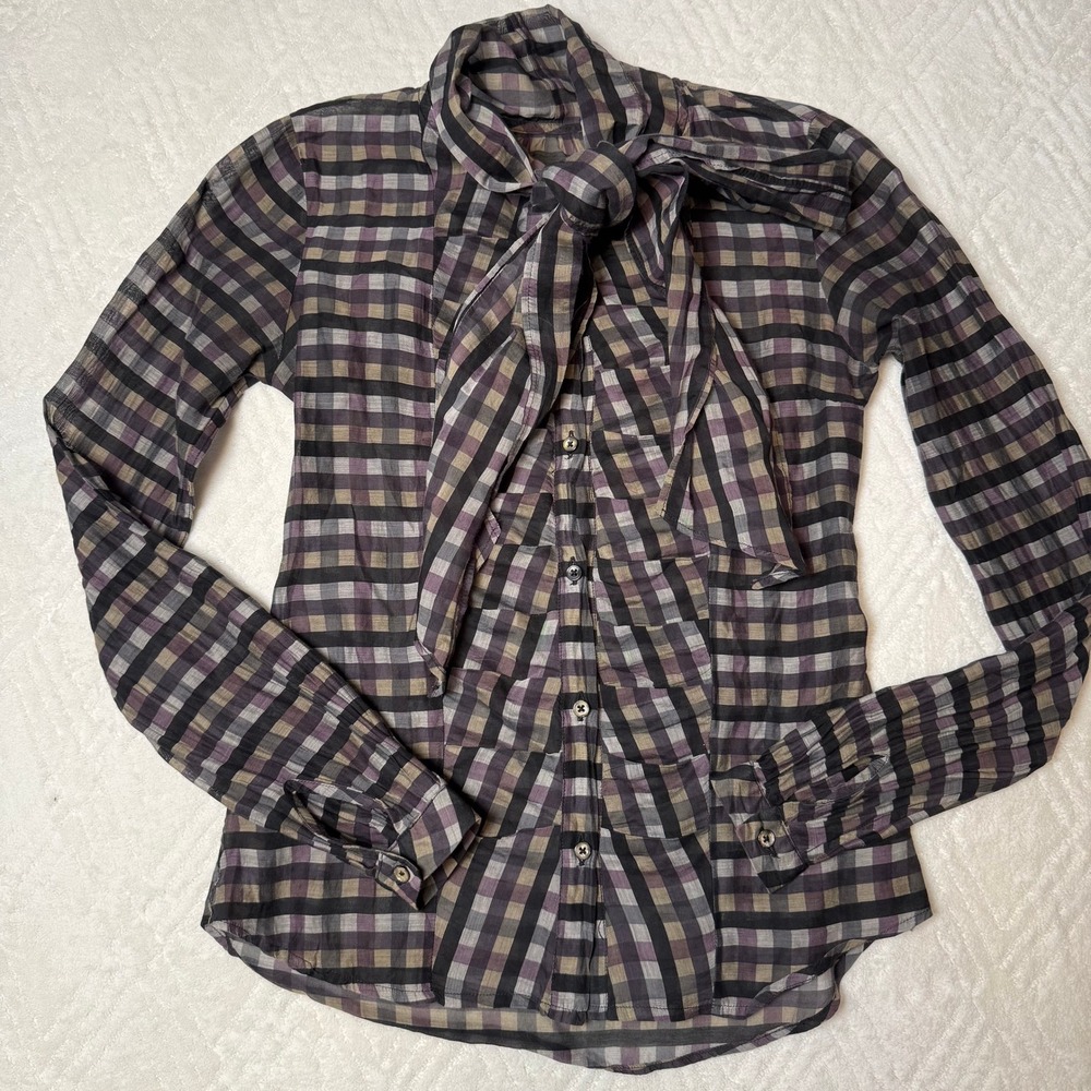 Dark Academia Preppy Billy Reid Sheer Plaid Tie Neck Blouse Size 2 Flawed